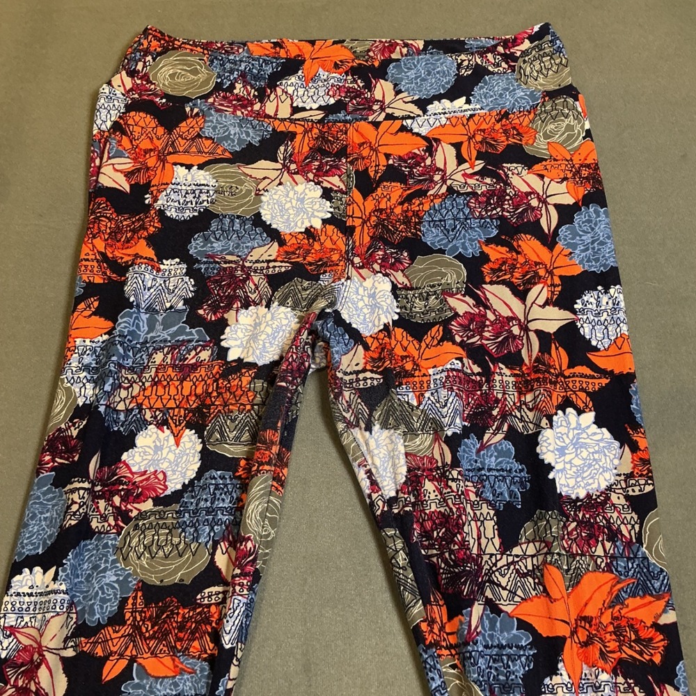 LuLaRoe Womens Leggings OS Floral Geometric Orange Blue Buttery SoftBoho Legging